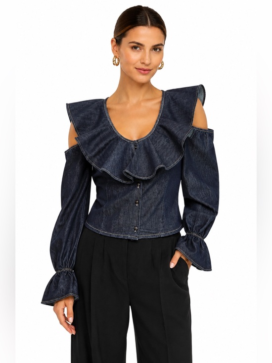 The Attico Tops - The Attico Ruffle Denim Blouse Scoop Neck Cold Shoulder Made in Italy | US Small
